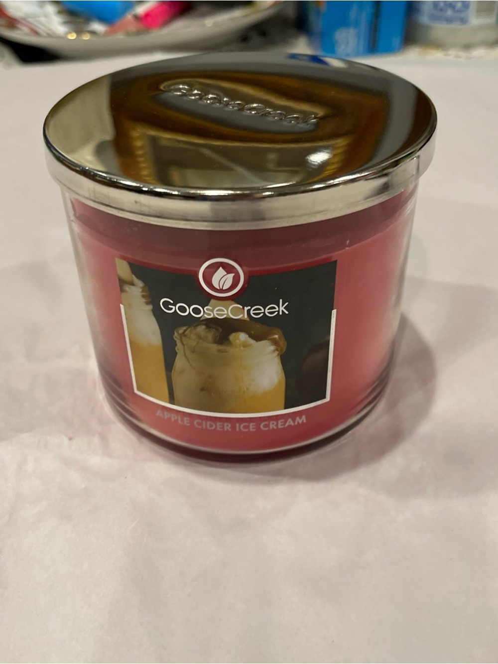 Goose Creek Apple Cider Ice Cream Scented Candle Red Jar with Silver Lid 14.5oz
